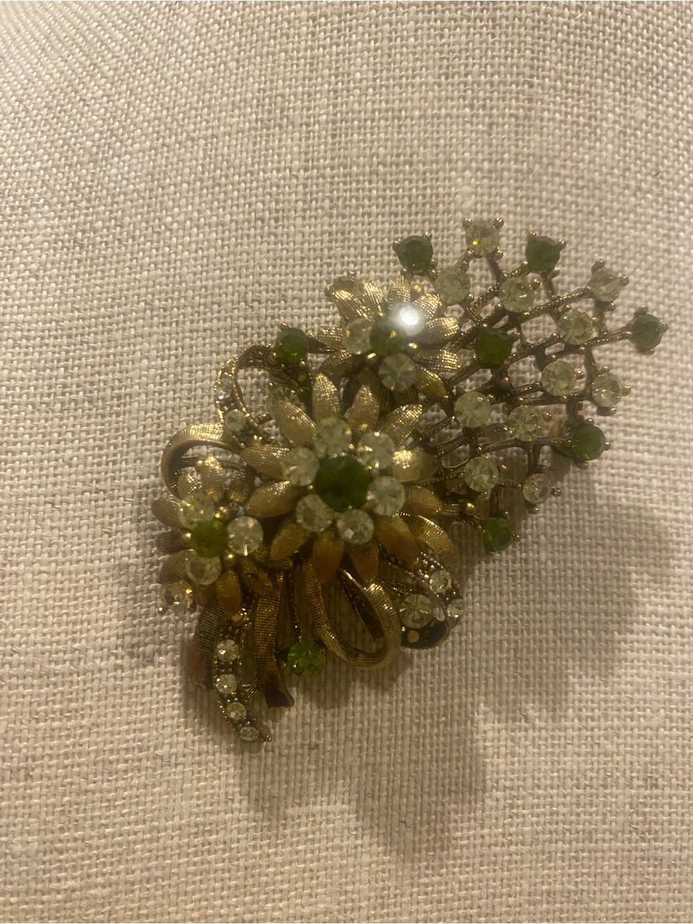 Vintage Gold Floral Brooch with Clear and Green Stones